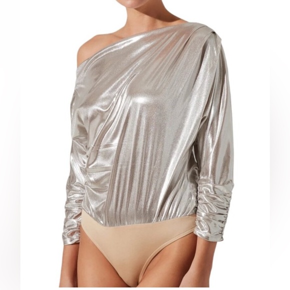 ASTR the Label Lorella Bodysuit in Silver Metallic Long Sleeve Off Shoulder XS